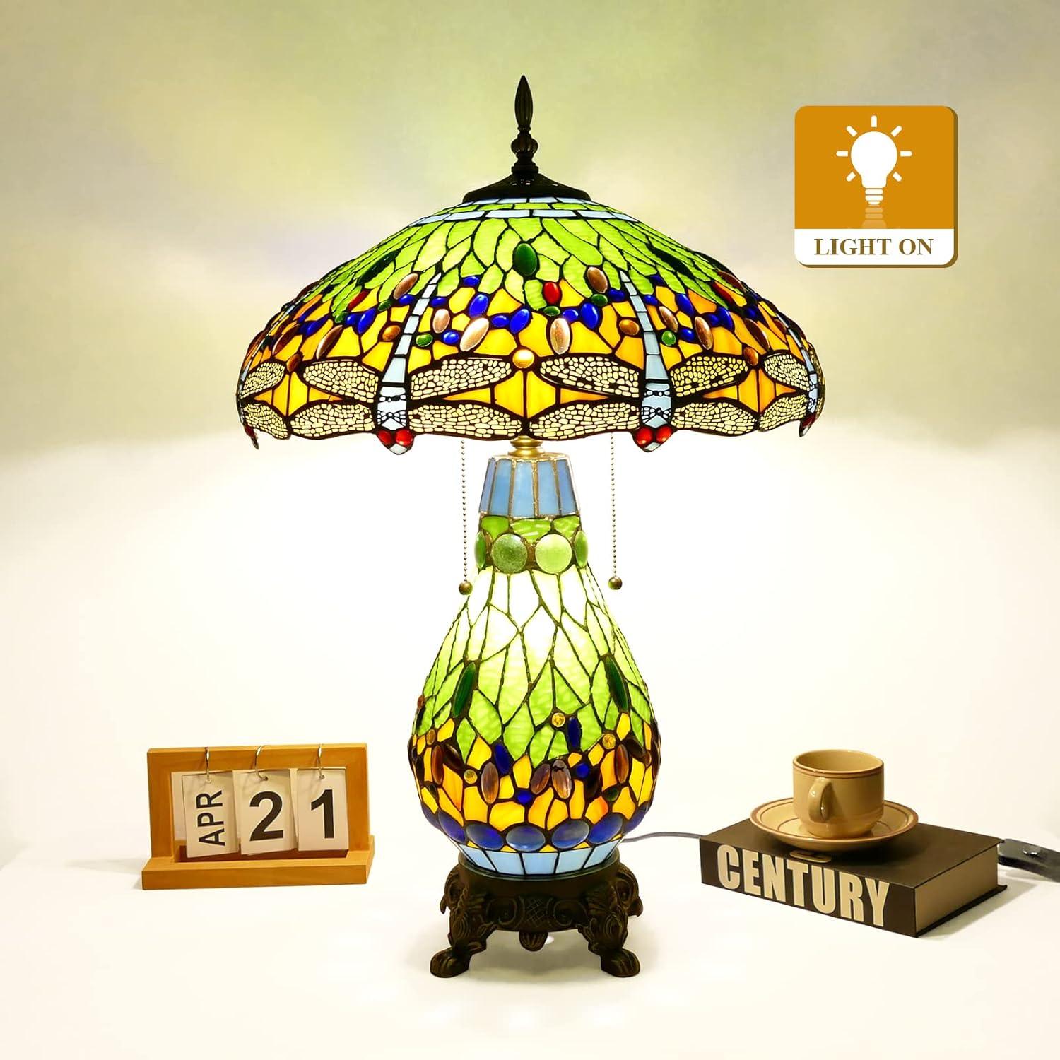 Tiffany Style Table Lamp Green Dragonfly Tiffany Lamp Handmade Stained Glass Lamp 18x18x27 Inches Desk Reading Light for Bedroom Living Room Home Office Decoration, LED Bulb Included