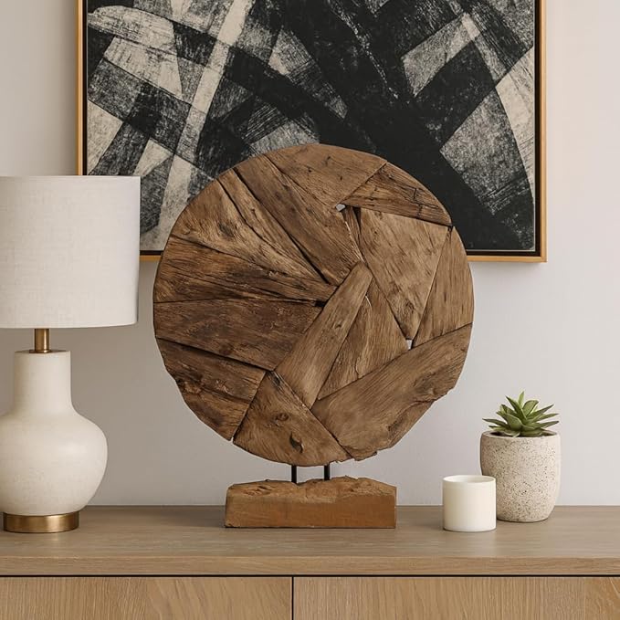 Decorative Home and Office Sculpture – Artistic Round Wooden Accent Perfect for Living Room, Bathroom, and Coffee Table Decor – Unique Rustic Home Statue and Ornament for Shelf Display – 24" Brown