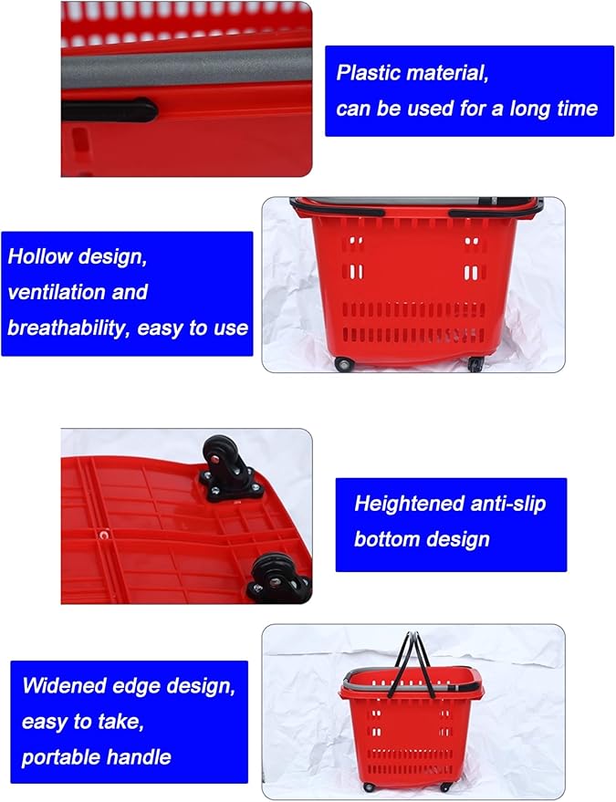 Foldable Grocery Cart with Wheels, Heavy-Duty Rolling Shopping Basket for Easy Supermarket Trips & Home Use 6Pcs(Red)