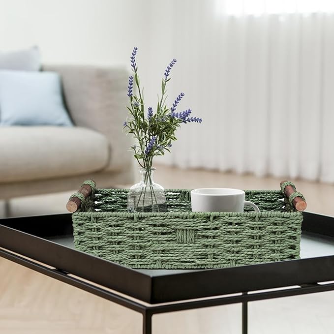 Round Paper Rope Storage Basket Wicker Baskets for Organizing with Handle Decorative Storage Bins for Countertop Toilet Paper Basket for Toilet Tank Top Small Baskets , Green