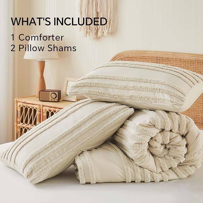 BEDELITE Boho Comforter Set Queen Size, Beige Tufted Striped Bed Set 3 Pieces, Soft Vintage Farmhouse Comforter for All Seasons, Boho Home Decor,Fluffy Jacquard Bedding with 2 Pillow Shams