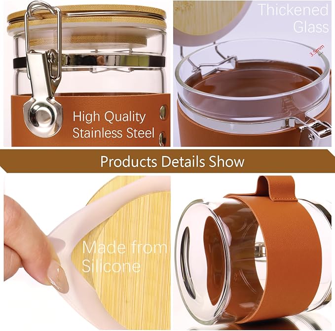 Glass Storage Jars with Spoon, Kitchen Food Storage jars with spoon, Glass Coffee Nuts Canister with Bamboo Lids, Scoop for Coffee Bean, Ground Coffe,Nuts, Cookie, Flour (40OZ×2)