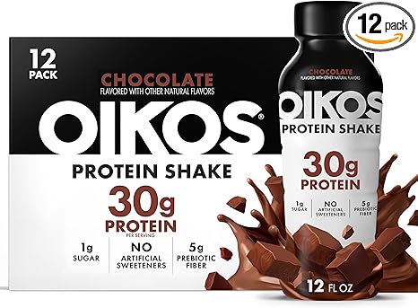 Oikos Protein Shake, Chocolate, 30g High Protein Drinks, Shelf Stable, Ready to Drink, 5g Prebiotic Fiber, 12 fl oz Bottle, 12 Count