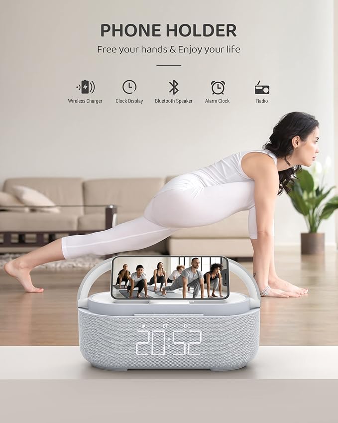 Bluetooth Speaker with Wireless Charger, FM Radio, Dimmable Bedside LED Night Light, Stereo Sound Dual Wireless Speakers, 2500mAh Portable Speaker for Home Decoration, Bedroom, Office, Gift