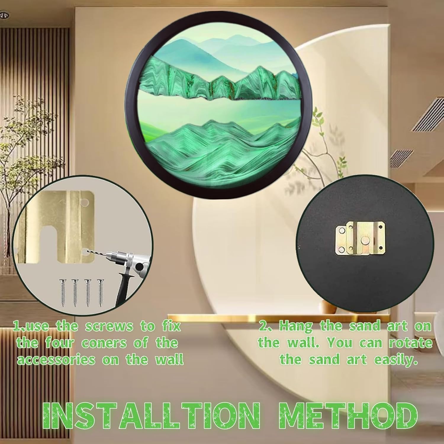 ZSDSZDZY Sand Art Liquid Motion, Moving Sand Art Décor, 3D Wall Mounted 360° Rotate Sculpture, Wall Art Deep Sea Sandscape Room Decoration, Relaxing Mood Home Office Work Decor (Green, 23.6'')