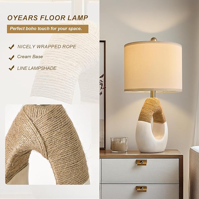 OYEARS 22” Boho Table Lamps for Bedroom Living Room Upgraded Set of 2 Medium Farmhouse Rattan Table Lamps, Rustic Home Decoration Nightstand Bedside Lamp for Office (Not Include Bulbs)