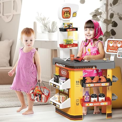 deAO Supermarket Playset for Kids with Working Scanner Register Toy Pretend Play,Kid Grocery Store Playset 54PCS Play Food Accessories,Christams Birthday Gift for 3 4 5 Kids Boys Girls