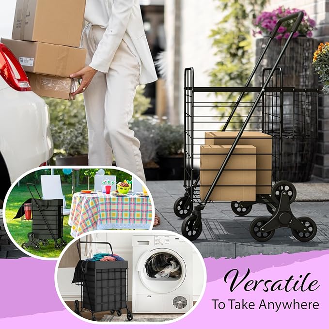 Stairs Climbing Shopping Cart w/Waterproof Basket Liner & 360° Swivel Wheels | Foldable Collapsible & Lightweight | Perfect for Groceries Laundry Utility Cart - Black