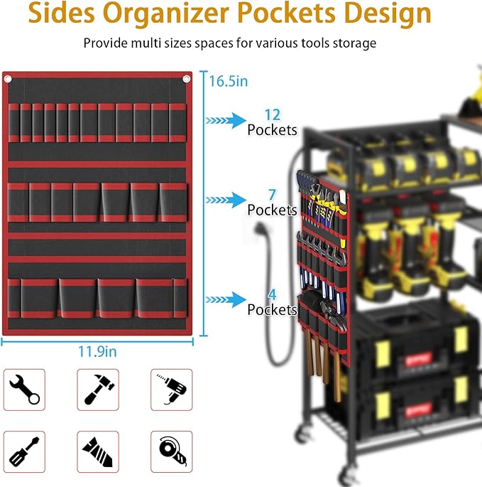 Large Power Tool Organizer Cart with Charging Station, 6 Slots for Cordless Drill Holder with Drawers, Rolling Storage Cart with 8 Power Outlet Heavy Duty Garage Organizer with Wheels Gift for Men