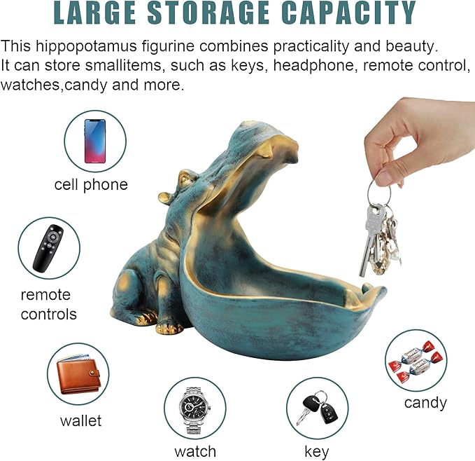 aboxoo Hippo Statue,Large Hippopotamus Figurine Home Sculpture with Resin, Hippo Candy Jar, Candy Dish Bowl for Office Desk, Key Bowl for Entryway Table,Container Storage Art Decor Box(Dark Blue)