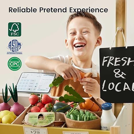 Tiny Land Wooden Play Store – Pretend Farmers Market & Coffee Shop with Cash Register, DIY Price Tags, Chalkboard, Pretend Grocery Store Role Play Toy for Toddlers