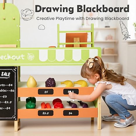 labebe Pretend Grocery Store Playset for Kids,Wooden Supermarket Toy Set with Cash Register,Play Food Accessories Store Set Suit Gift for Toddler Boys Girls