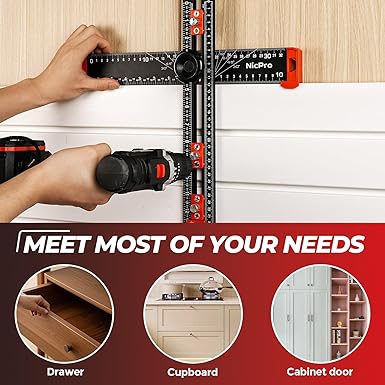Nicpro 4-in-1 Drilling Positioning Scribing Ruler, Adjustable Multifunctional T Square Ruler with Carpenter Pencil, Carpenters Square Tools for Woodworking, Cabinet Drawer Door Hole Drilling Template