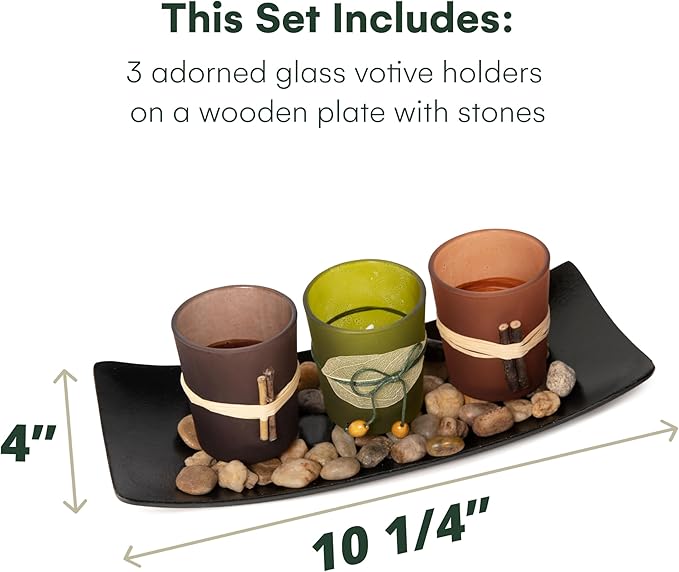 Dawhud Direct Decorative Votive Candle Holders, Vintage Decor Flameless Candlescape Set, 3 LED Tea Light Candles, Rocks and Tray - Fall Table Decor (Earth Tones)