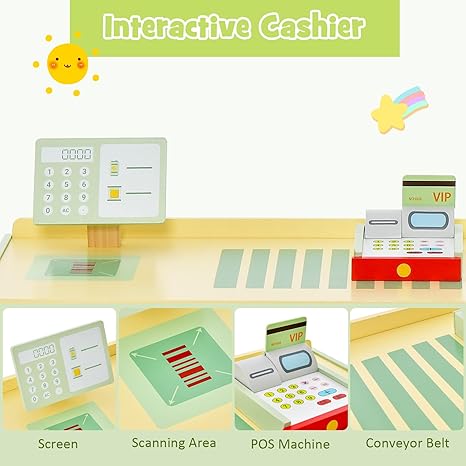 Costzon Pretend Grocery Store Playset, Wooden Supermarket Toy Set for Kids with Chalkboard, Cash Register, Vending Machine, Play Food Accessories, Toddler Play Store, Gift for Boys & Girls, Green