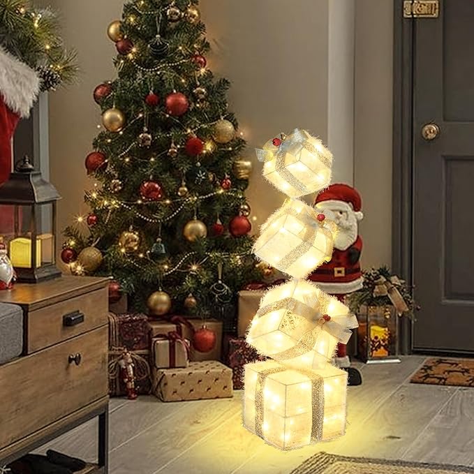 Christmas Lighted Gift Boxes Decorations Set of 4, 2.8Ft Stackable Christmas Nesting Boxes Battery Operated with Timer for Home and Party Decoration