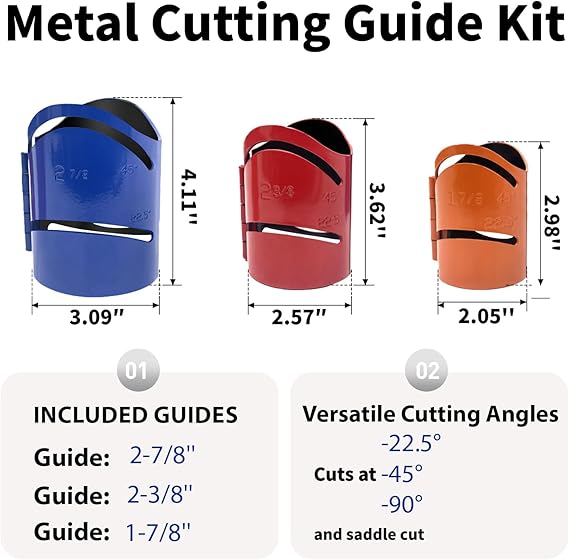 Metal Pipe Cutting Guide Kit, Pipe Cutting Guide Tool, Pipe Saddle Template Cutting Guide, High-Precision Cross｜Saddle Cuts at 22.5°, 45°, 90°, 3 Pack Size 1-7/8", 2-3/8", 2-7/8"