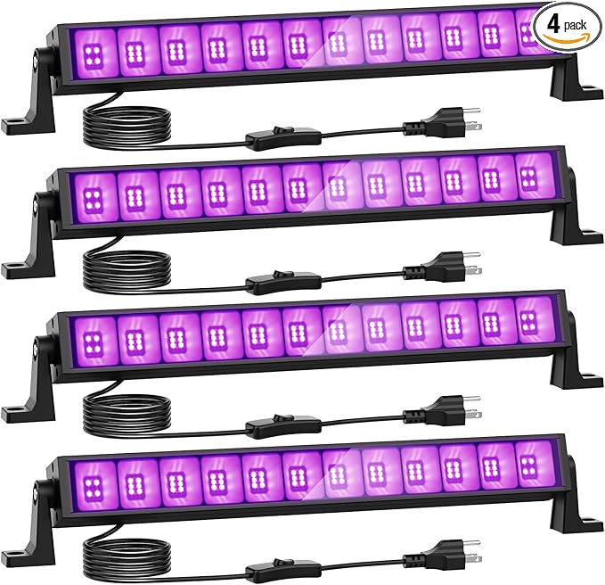Onforu 4 Pack 42W LED Black Lights, Blacklight Bars with Plug and Switch, Glow in The Dark Party Supplies for Halloween Decorations, Bedroom, Body Paint, Stage Lighting, Poster, Black
