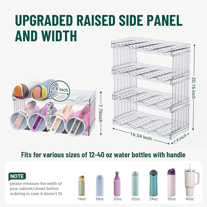 Water Bottle Organizer for Full Stanley 40 oz Tumbler with Handle, Cabinet Kitchen Pantry Organizers and Storage for Owala Stanley Cup Accessories Holder, Patented Stackable Tumbler Organizer Gifts