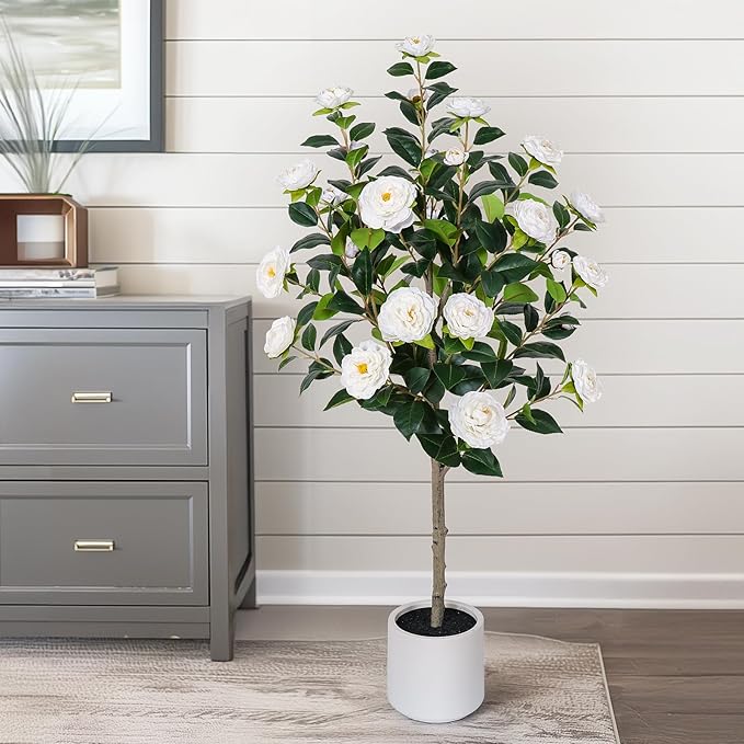 47 inch Artificial Camellia Tree with White Flower Pots -2 Pack White Fake Tree,4 Ft Faux Plants Indoor wich Blooming,Artificial Plants for Indoor & Outdoor Home Front Door Decor
