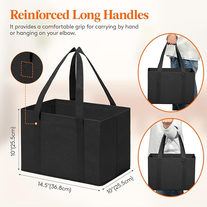Lifewit Reusable Grocery Bags 6 Packs, Heavy Duty Foldable Shopping Bags with Reinforced Handles, Extra Large Utility Tote Bags Stay Open, Sturdy Standing Carry Box for Kitchen, Car Trunk, 24L Black
