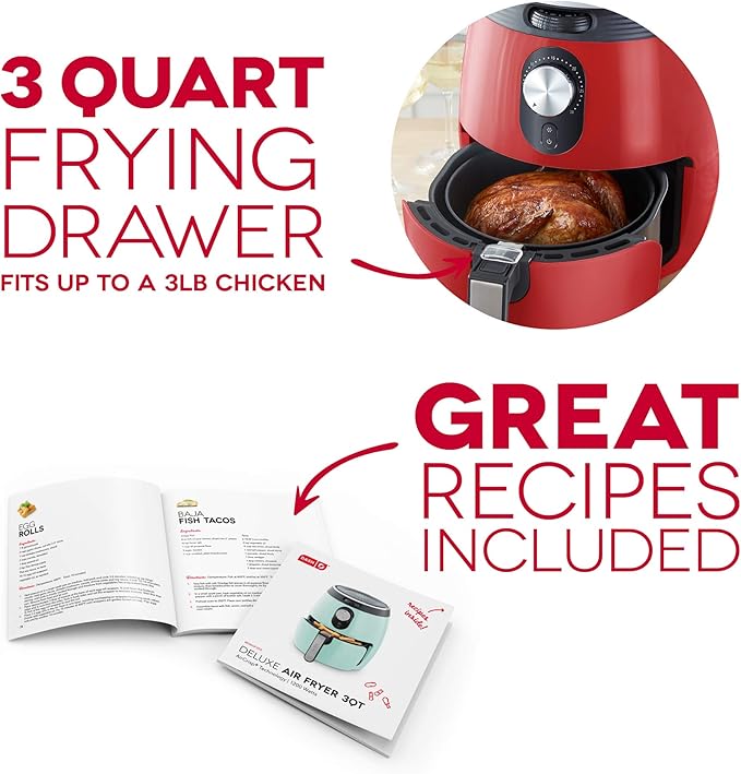 Dash Deluxe Electric Air Fryer + Oven Cooker with Temperature Control, Non-stick Fry Basket, Recipe Guide + Auto Shut off Feature, 1200-Watt, 3 Quart - Red
