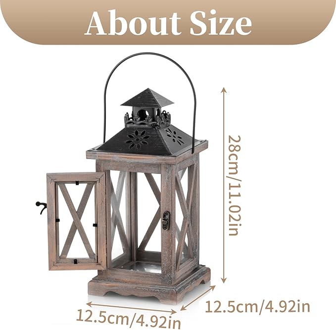 Sziqiqi Farmhouse Lanterns Home Decor Decorative Wood Lantern for Wedding Centerpieces Vintage Brown Candle Lantern for Patio Fireplace Mantel Table Decoration