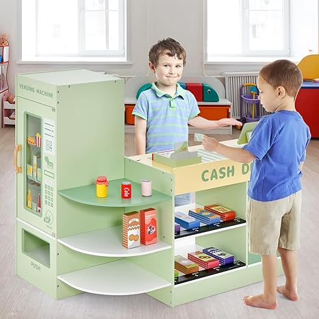 Costzon Pretend Grocery Store Playset, Wooden Supermarket Toy Set for Kids with Chalkboard, Cash Register, Vending Machine, Play Food Accessories, Toddler Play Store, Gift for Boys & Girls, Green