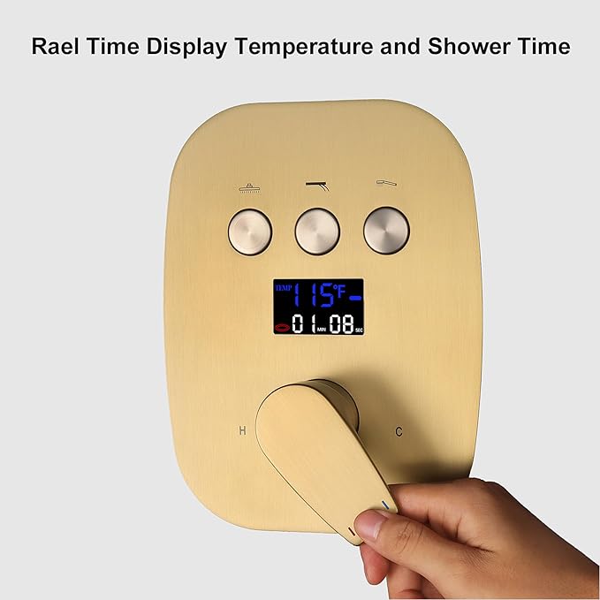 12Inch Brushed Gold Ceiling Shower System & 8Inch Wall-Mount Shower Faucet Set, 2 in 1 Handheld with Adjustable Slide Bar Included Temperature Display Valve and Trim Kit Can Work At Once
