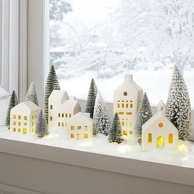 Christmas Decorations Indoor - Christmas Village Sets of 5 Ceramic Houses with LED Lights Remote and 9 Trees - Winter Rustic Farmhouse Home Holiday Xmas Decor for Mantel Tabletop Room