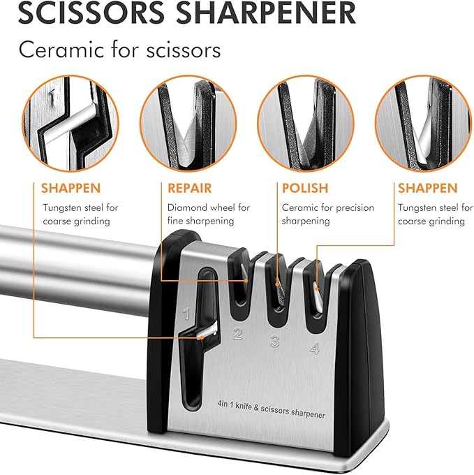 Knife Sharpeners, 4 in 1 Professional Chef's Kitchen Knife Accessories, Kitchen Blade & Scissors Sharpening Tool, Manual Knife Sharpener for Kitchen Knife