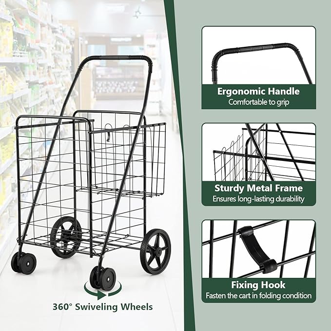 Goplus Jumbo Folding Shopping Cart with Rolling Swivel Wheels, Foldable Grocery Cart on Wheels with Double Basket, Heavy Duty Utility Cart, Shopping Carts for Groceries Laundry Book Luggage Travel