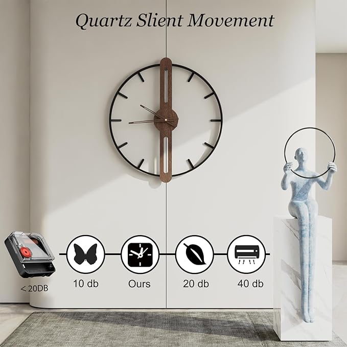 Modern Walnut Dial Wall Clock, Wood Large Wall Clock Decor Metal Frame Silent Non Ticking for Living Room, Bedroom, Kitchen, Study Decoration, Handmade Home Present Idea, 24 in （60 cm）