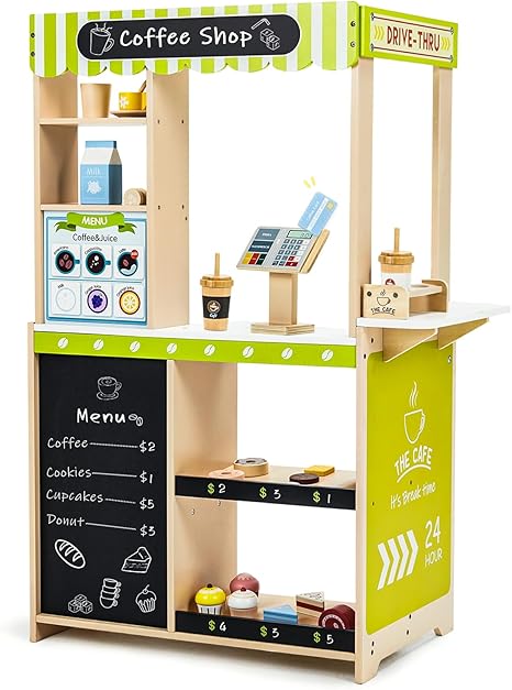 24 Pcs Pretend Play Coffee Shop, Kids Grocery Store Set, Wooden Drive-Thru Window, Coffee Maker, Oven, Cash Register, Bakery Toys Food Accessories Gift for Boys Girls 3+ Years Old