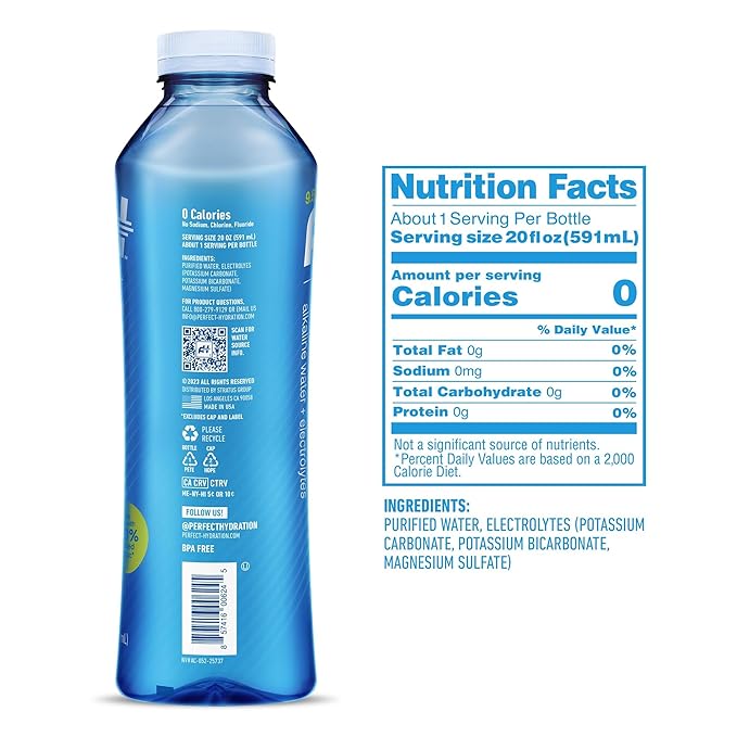 Perfect Hydration 9.5+ pH Alkaline Drinking Water, 20-Ounce Bottle, Made in the USA, Case of 24
