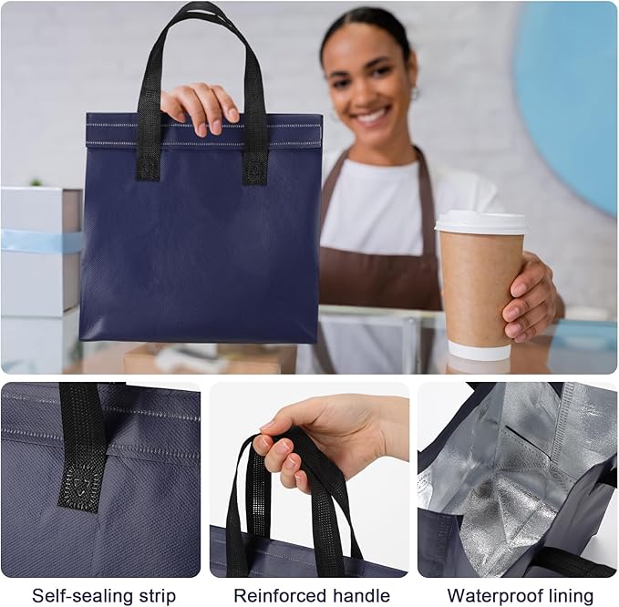 300 Pcs Insulated Take Away Bags Bulk Thermal Insulation Food for Coffee Milk Tea Hot Cold Food Fresh Seafood Cooler Pizza Delivery Bags for Catering Restaurant Grocery(Navy Blue, Black)
