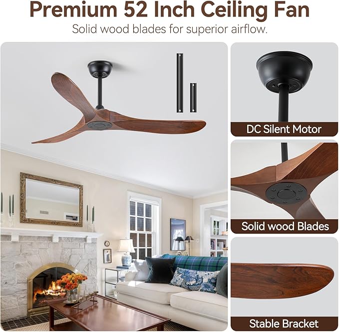 52 Inch Ceiling Fan with Remote Control, Solid Wood, 6-Speed DC Motor, 3 Reversible Walnut Wooden Blades, 1/4/8 Hour Timer, Quiet & Energy Efficient for Indoor/Outdoor Use