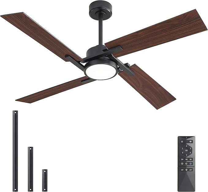 WINGBO 72 Inch Ceiling Fan with Light and Remote, 4 Plywood Blades, 6-Speed Reversible DC Motor, Dimmable, 3CCT, Farmhouse Ceiling Fan for Bedroom Living Room Kitchen, Black and Walnut/Shadowed Walnut
