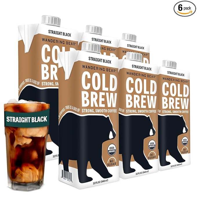 Wandering Bear Straight Black Organic Cold Brew Coffee, 32 fl oz, 6 pack - Extra Strong, Bold, Smooth, Unsweetened, Shelf-Stable, Ready to Drink, 100% Organic, Iced Cold Brewed Coffee Drinks
