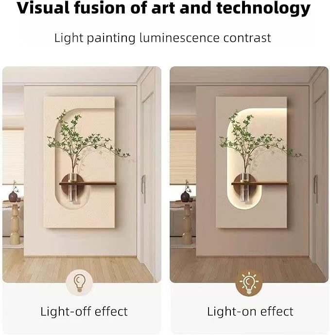 3D LED Wall Art with Light – Sandstone Wall Decor with Remote, Warm LED for Living Room & Entryway, Modern Textured 3D Art with Faux Greenery & Vase