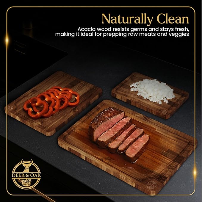 Pre-Oiled, Non Toxic 3-Piece Acacia Cutting Board Set with Stand, FSC Certified Wooden Chopping Boards with Juice Grooves for Meat. 3 Size Wood Carving Boards for Home & BBQ Kitchens by Deer & Oak