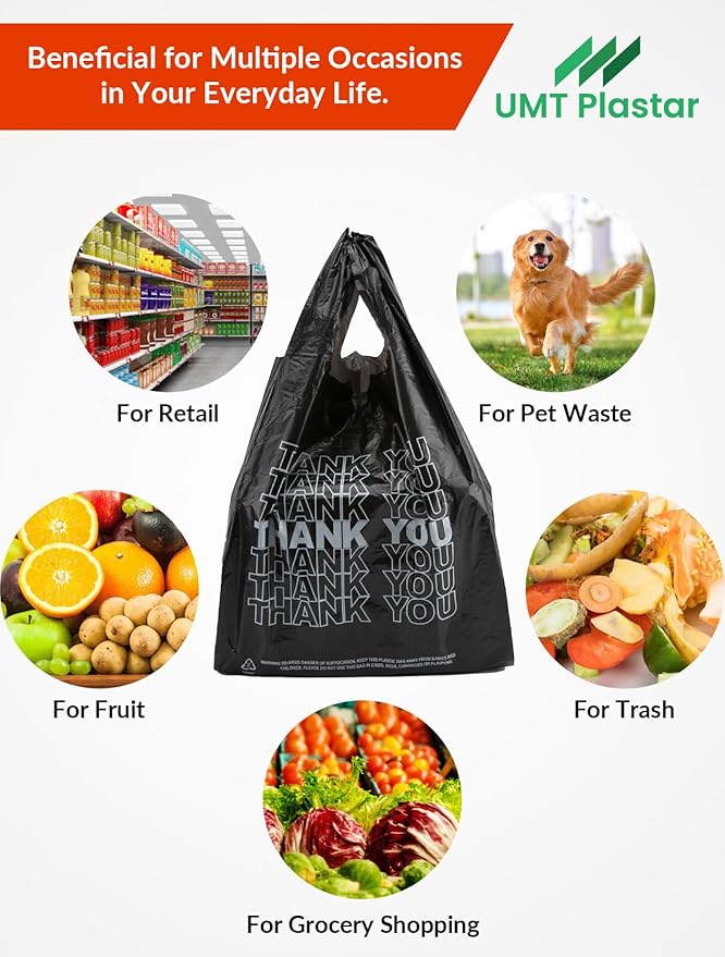 300 Count Thank You Plastic Bags, 12" x 6" x 22", 15 Mic Black Grocery Bags with Handles, Ideal for Restaurants, Retail, Grocery Stores, Takeout, Convenience Stores