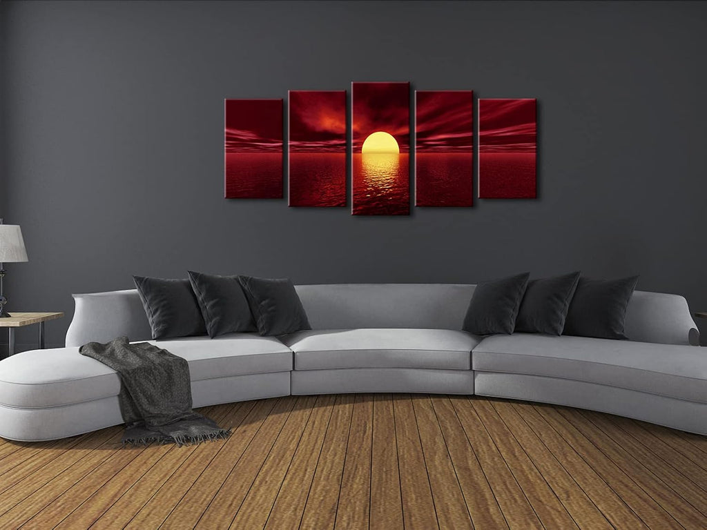 Wieco Art Red Sun Large Modern 5 Panels Seascape Sea Giclee Paintings Canvas Prints Wall Art Gallery Wrapped Pretty Ocean Sunset Pictures Artwork for Kitchen Bathroom Home Office Decoration