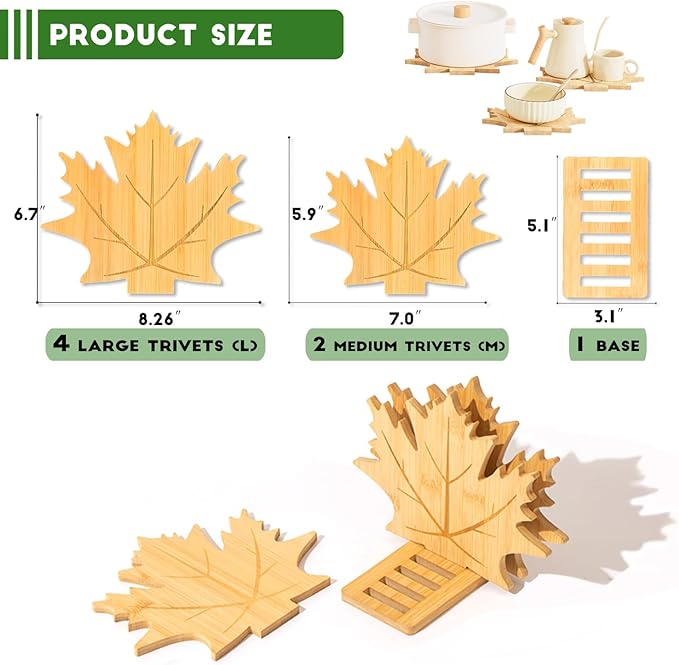Bamboo Trivets for Hot Dishes, Pots & Pans - 4 Large + 2 M Heat Resistant Pot Holders Trivet Set with Maple Leaf Design, Non-Slip for Kitchen Countertops & Dining Table (Natural Materials)