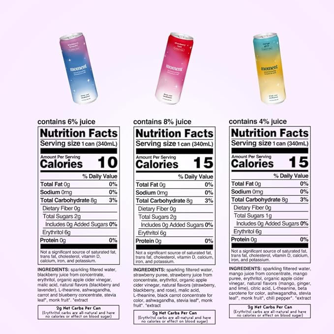 Moment Botanical Soda Soft Drink (Shark Tank) - SPARKLING Drinks | Fruity Fun | L-Theanine & Ashwagandha for Calm & Clarity | 0 Added Sugar 0 Caffeine | 12-pack