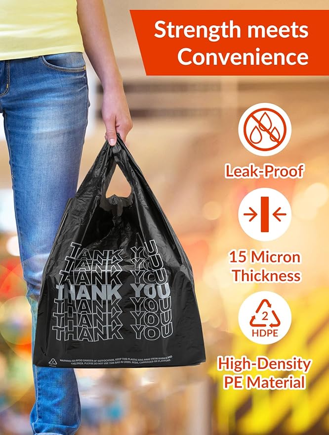 300 Count Thank You Plastic Bags, 12" x 6" x 22", 15 Mic Black Grocery Bags with Handles, Ideal for Restaurants, Retail, Grocery Stores, Takeout, Convenience Stores