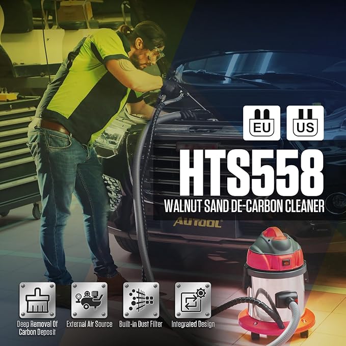 Walnut Blaster,HTS558 Walnut Sand DE-Carbon Cleaner,Automotive Walnut Blaster Cleaner,1200W Engine Carbon Deposit Intake Manifold & Exhaust Valve Cleaner With 23pcs Adapters,2KG Walnut Sand,110V/220V
