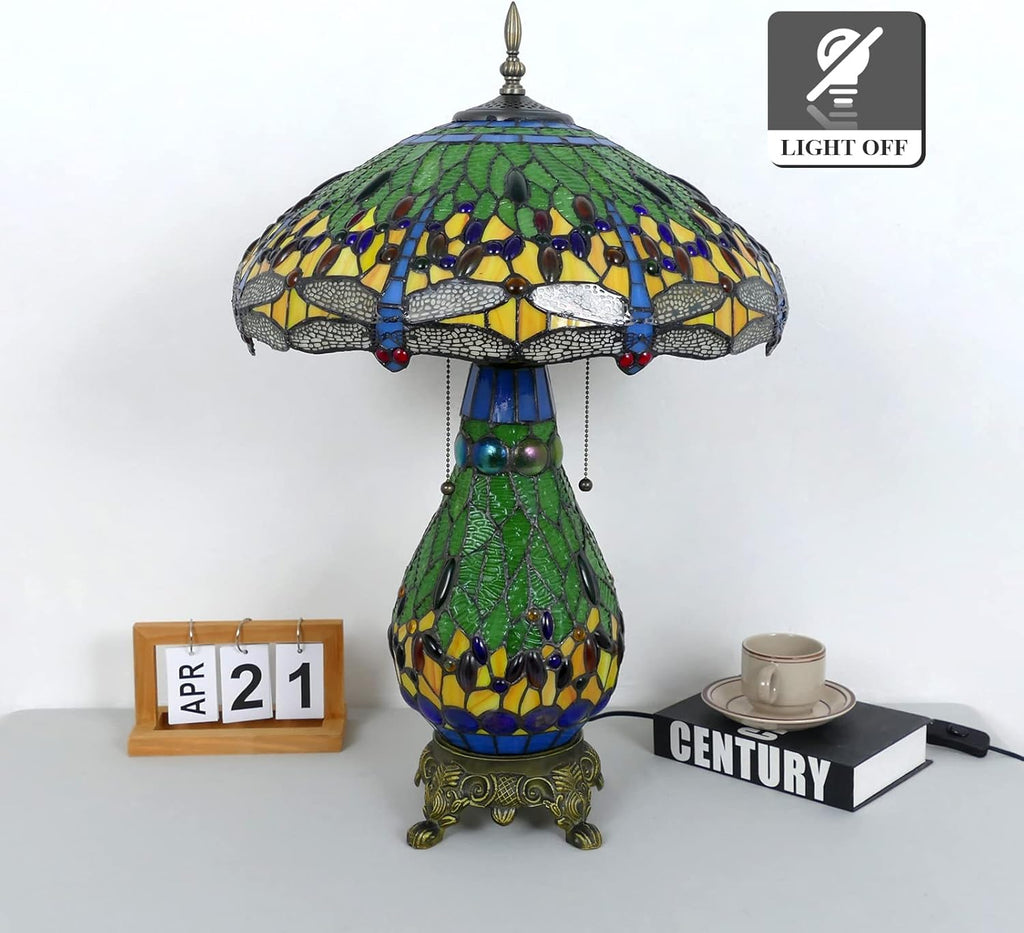 Tiffany Style Table Lamp Green Dragonfly Tiffany Lamp Handmade Stained Glass Lamp 18x18x27 Inches Desk Reading Light for Bedroom Living Room Home Office Decoration, LED Bulb Included