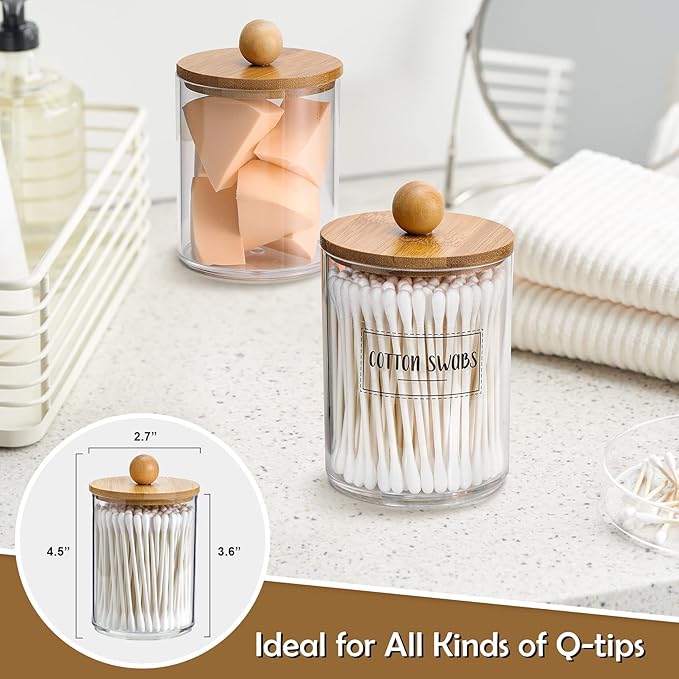 4 Pack Qtip Holder Dispenser with Bamboo Lids - 10 oz Clear Plastic Apothecary Jar Containers for Vanity Makeup Organizer Storage - Bathroom Accessories Set for Cotton Swab, Ball, Pads, Floss