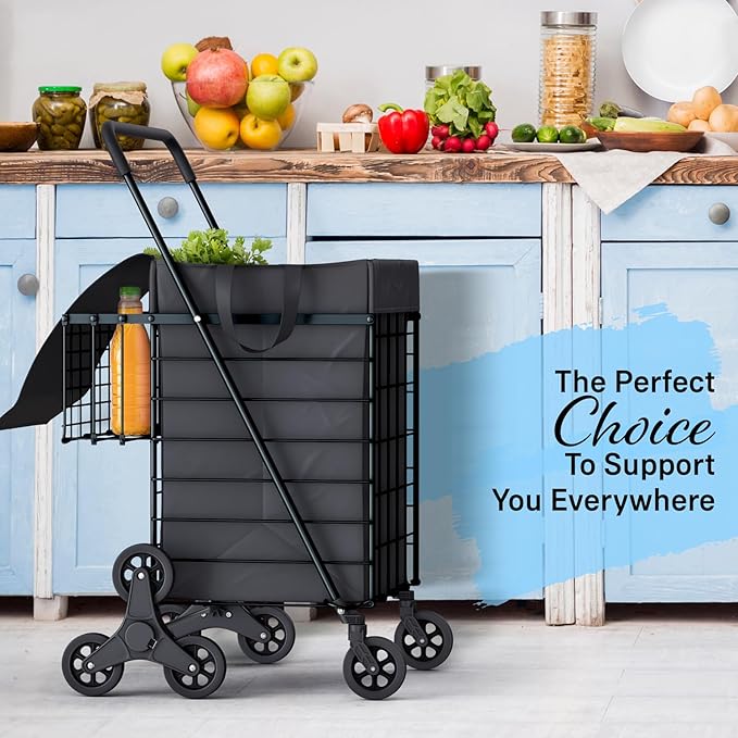 Stairs Climbing Shopping Cart w/Waterproof Basket Liner & 360° Swivel Wheels | Foldable Collapsible & Lightweight | Perfect for Groceries Laundry Utility Cart - Black